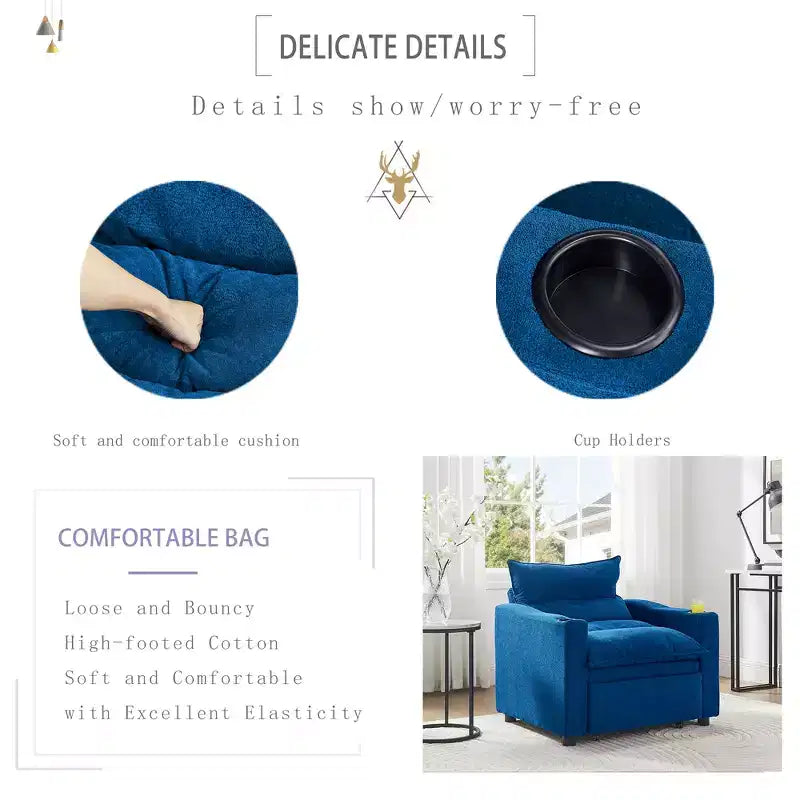 Divano letto singolo convertibile 3-in-1 con chaise longue imbottita, poltrona accent, divano letto a scomparsa con schienale regolabile e portabicchieri