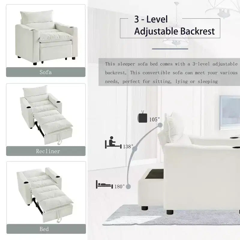 Divano letto singolo convertibile 3-in-1 con chaise longue imbottita, poltrona accent, divano letto a scomparsa con schienale regolabile e portabicchieri