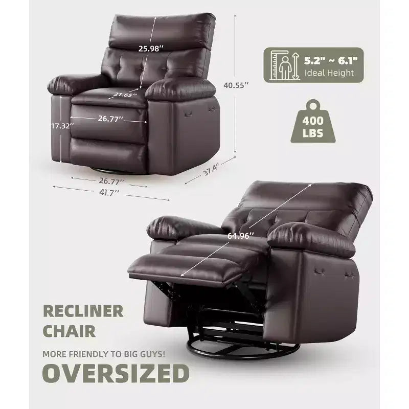 Poltrona reclinabile girevole oversize, poltrona reclinabile manuale in ampia pelle PU con bracciolo e schienale imbottiti, girevole a 360° per soggiorno, camera da letto, marrone