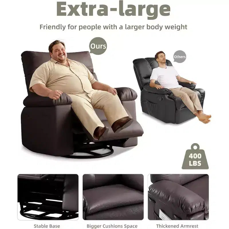 Poltrona reclinabile girevole oversize, poltrona reclinabile manuale in ampia pelle PU con bracciolo e schienale imbottiti, girevole a 360° per soggiorno, camera da letto, marrone
