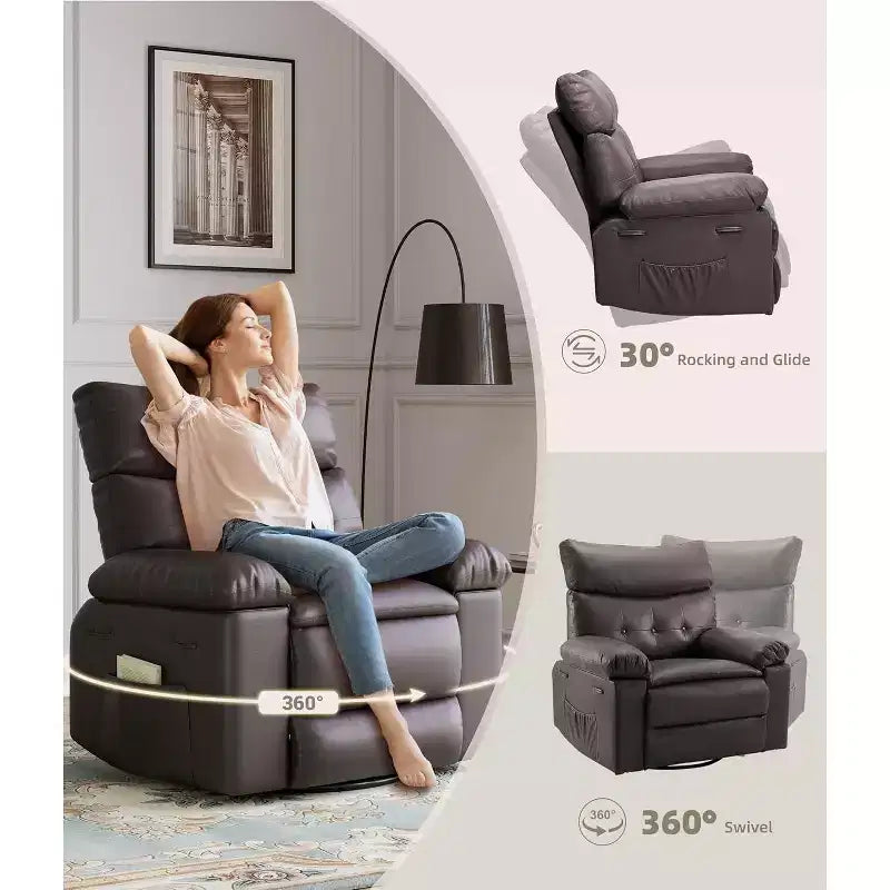 Poltrona reclinabile girevole oversize, poltrona reclinabile manuale in ampia pelle PU con bracciolo e schienale imbottiti, girevole a 360° per soggiorno, camera da letto, marrone