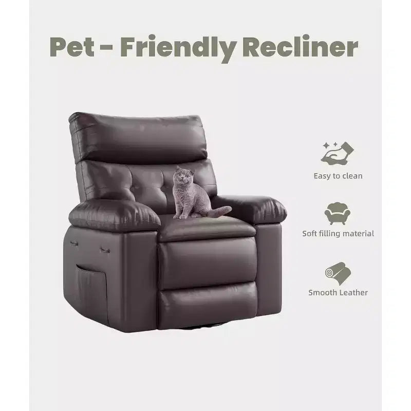 Poltrona reclinabile girevole oversize, poltrona reclinabile manuale in ampia pelle PU con bracciolo e schienale imbottiti, girevole a 360° per soggiorno, camera da letto, marrone