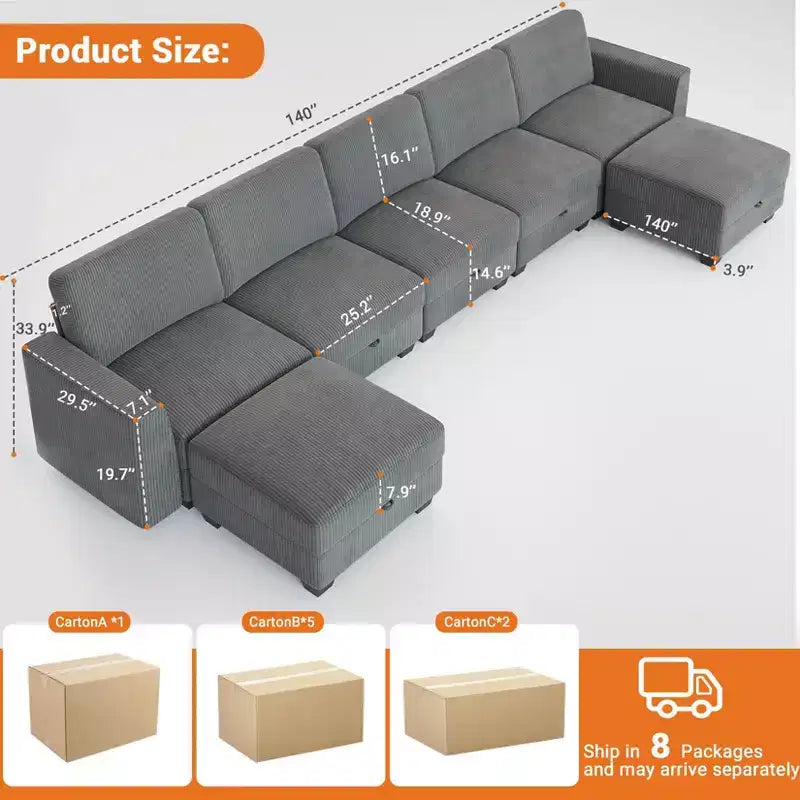 GustoWave Divano componibile a 7 posti con penisola, divano letto da 355 cm di larghezza e contenitore