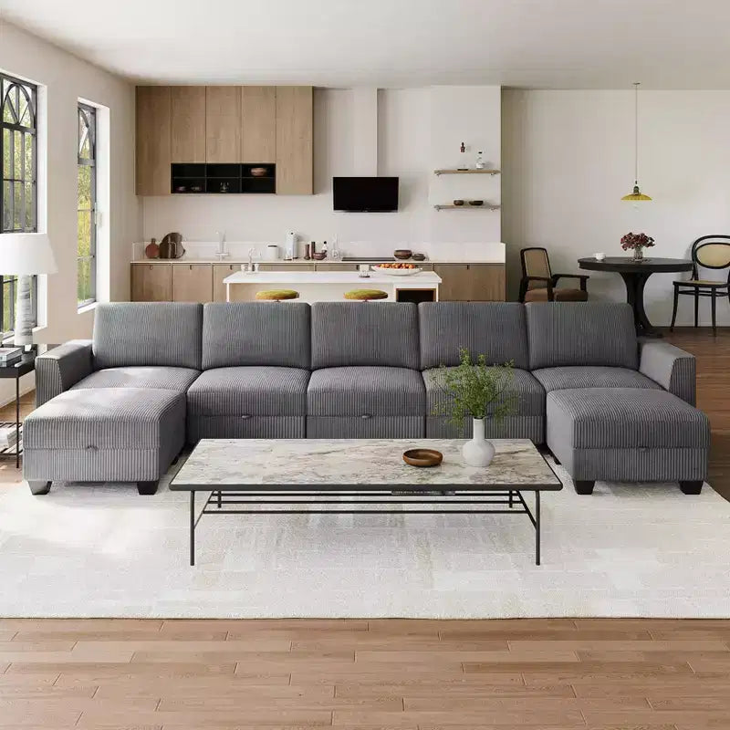 GustoWave Divano componibile a 7 posti con penisola, divano letto da 355 cm di larghezza e contenitore