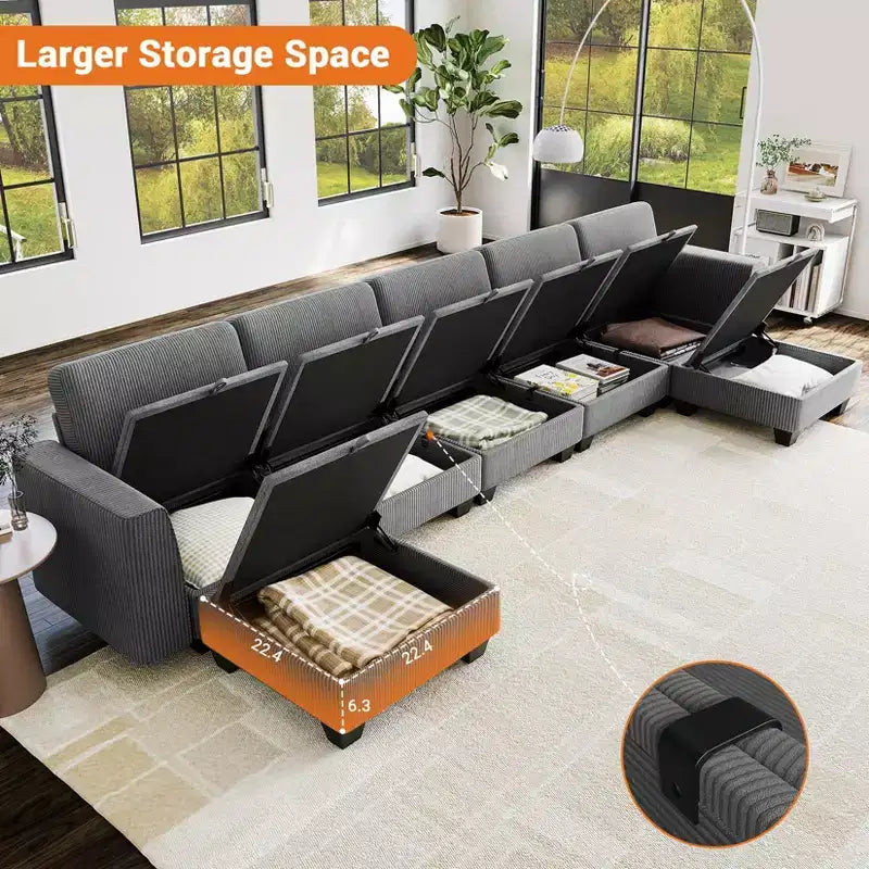 GustoWave Divano componibile a 7 posti con penisola, divano letto da 355 cm di larghezza e contenitore
