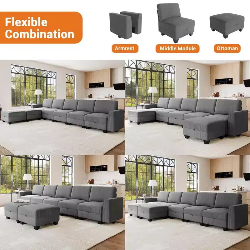 GustoWave Divano componibile a 7 posti con penisola, divano letto da 355 cm di larghezza e contenitore