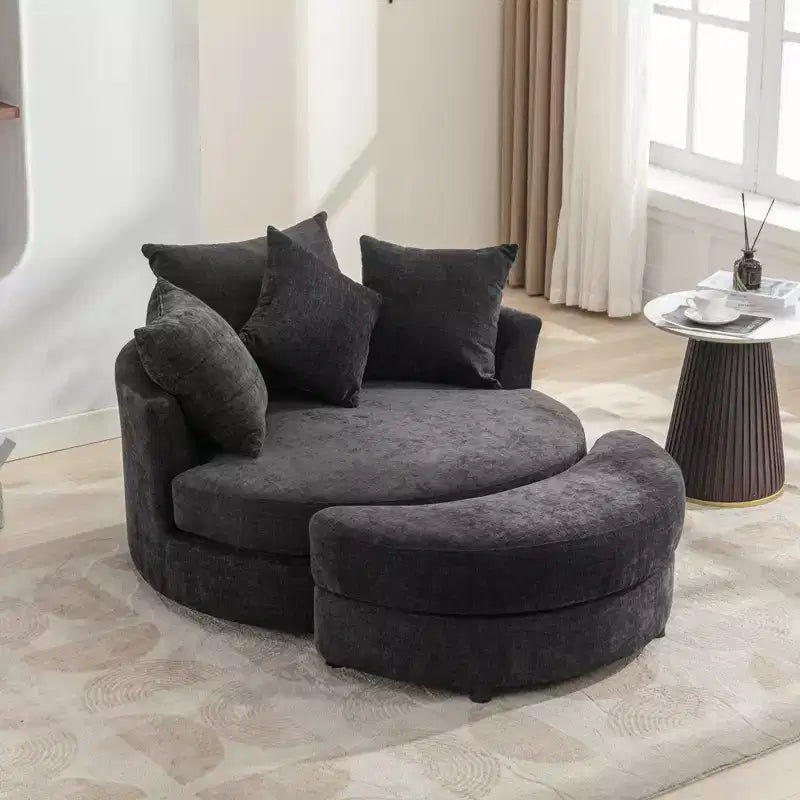 CLIHOME Poltrona girevole a barilotto 360 con pouf portaoggetti e 4 cuscini, poltrona accent moderna in ciniglia rotonda