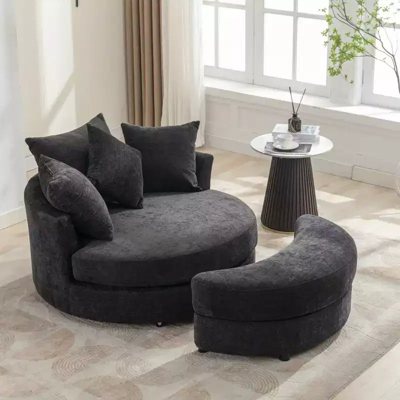 CLIHOME Poltrona girevole a barilotto 360 con pouf portaoggetti e 4 cuscini, poltrona accent moderna in ciniglia rotonda