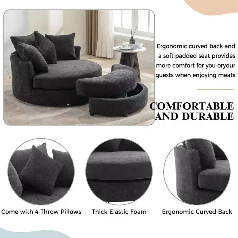 CLIHOME Poltrona girevole a barilotto 360 con pouf portaoggetti e 4 cuscini, poltrona accent moderna in ciniglia rotonda
