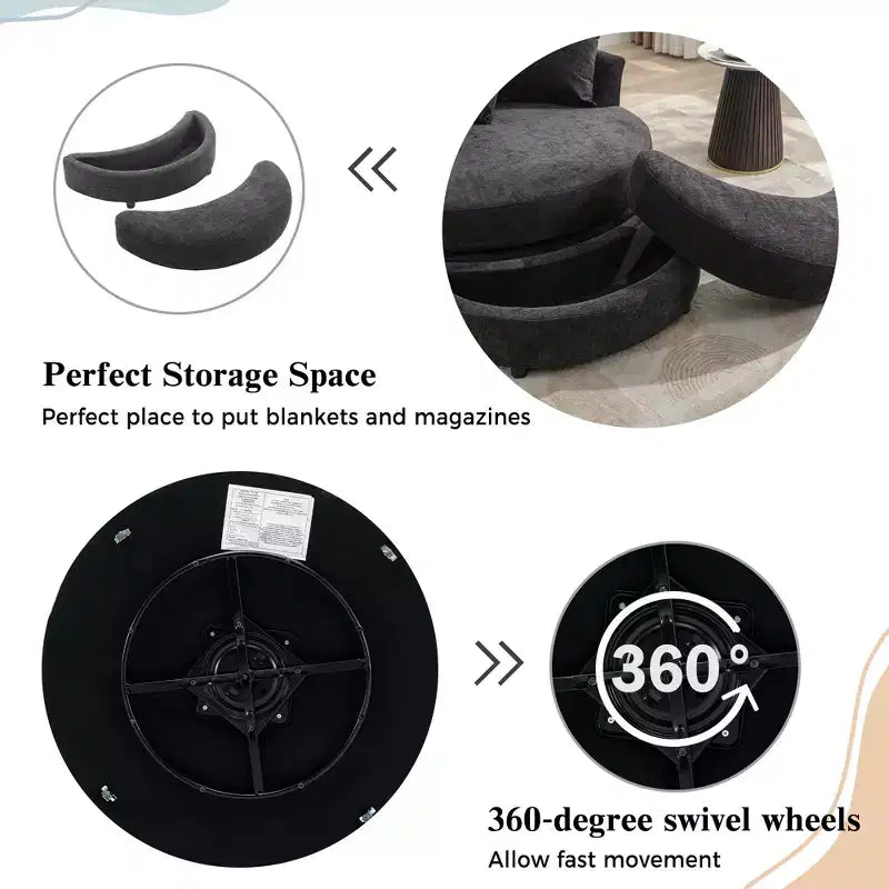 CLIHOME Poltrona girevole a barilotto 360 con pouf portaoggetti e 4 cuscini, poltrona accent moderna in ciniglia rotonda