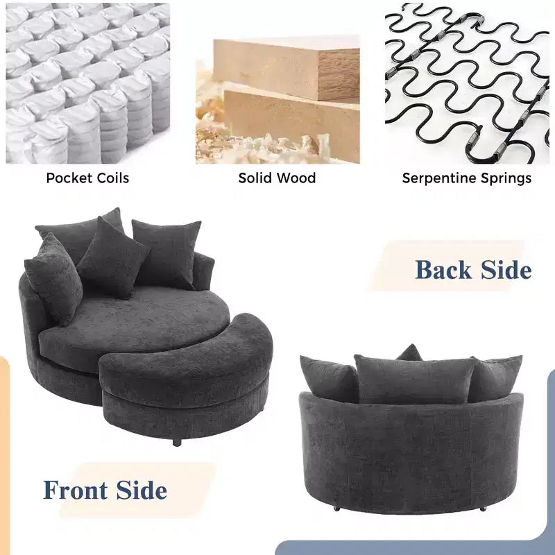 CLIHOME Poltrona girevole a barilotto 360 con pouf portaoggetti e 4 cuscini, poltrona accent moderna in ciniglia rotonda