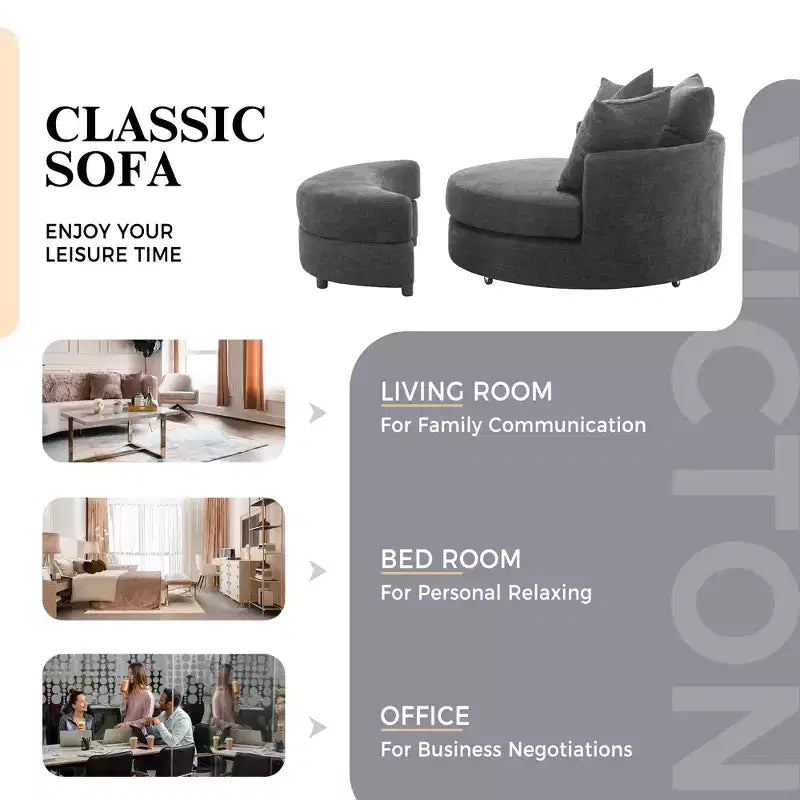 CLIHOME Poltrona girevole a barilotto 360 con pouf portaoggetti e 4 cuscini, poltrona accent moderna in ciniglia rotonda