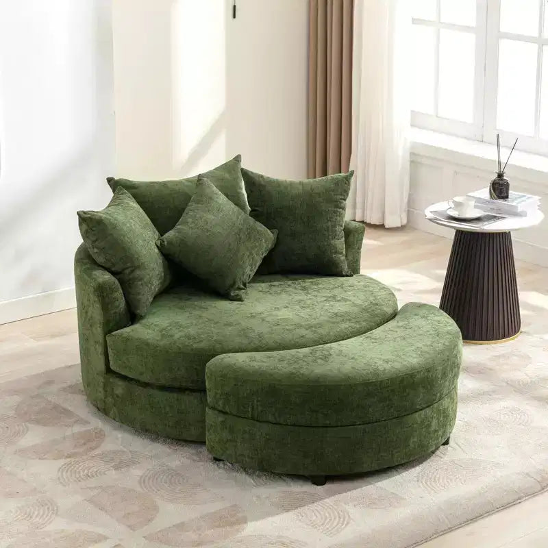 CLIHOME Poltrona girevole a barilotto 360 con pouf portaoggetti e 4 cuscini, poltrona accent moderna in ciniglia rotonda