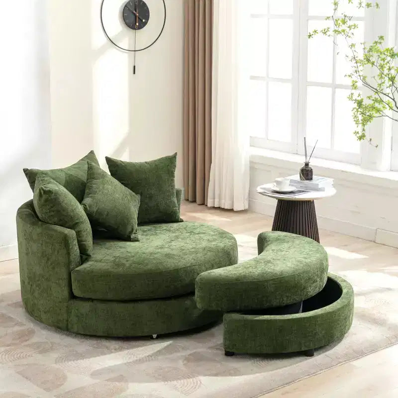 CLIHOME Poltrona girevole a barilotto 360 con pouf portaoggetti e 4 cuscini, poltrona accent moderna in ciniglia rotonda