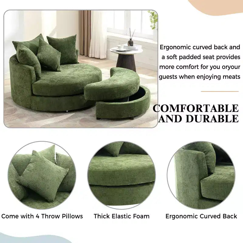 CLIHOME Poltrona girevole a barilotto 360 con pouf portaoggetti e 4 cuscini, poltrona accent moderna in ciniglia rotonda