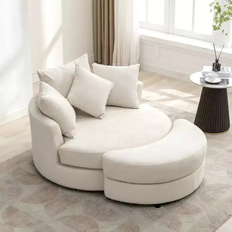 CLIHOME Poltrona girevole a barilotto 360 con pouf portaoggetti e 4 cuscini, poltrona accent moderna in ciniglia rotonda