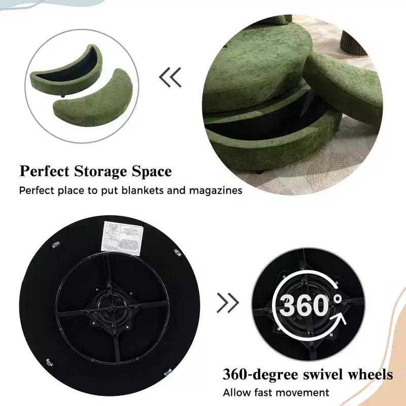 CLIHOME Poltrona girevole a barilotto 360 con pouf portaoggetti e 4 cuscini, poltrona accent moderna in ciniglia rotonda