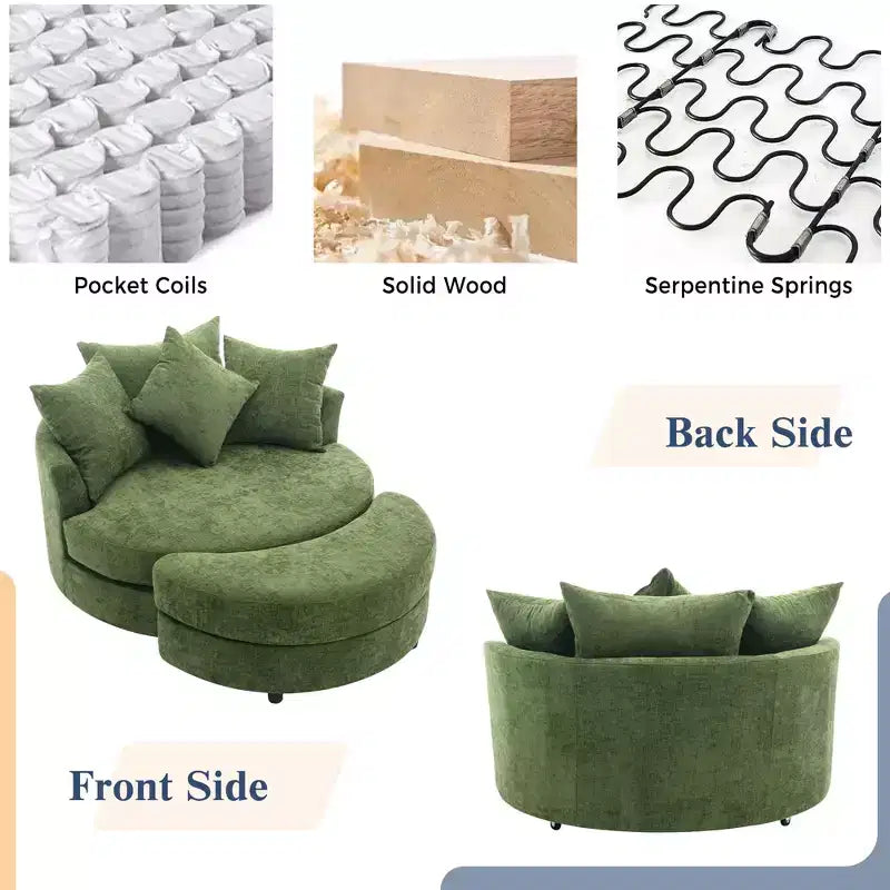 CLIHOME Poltrona girevole a barilotto 360 con pouf portaoggetti e 4 cuscini, poltrona accent moderna in ciniglia rotonda