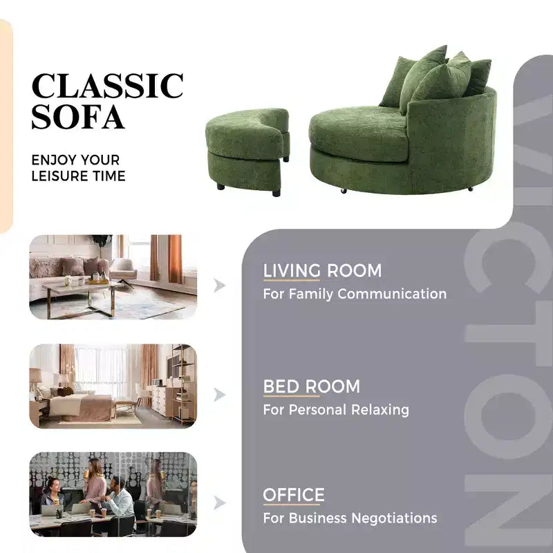 CLIHOME Poltrona girevole a barilotto 360 con pouf portaoggetti e 4 cuscini, poltrona accent moderna in ciniglia rotonda