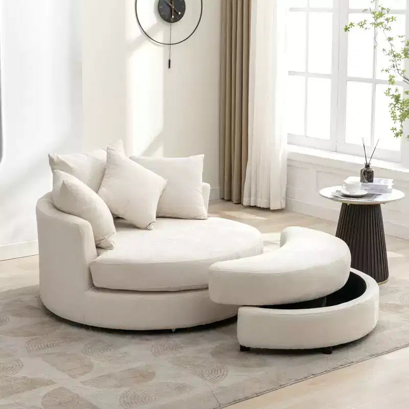 CLIHOME Poltrona girevole a barilotto 360 con pouf portaoggetti e 4 cuscini, poltrona accent moderna in ciniglia rotonda