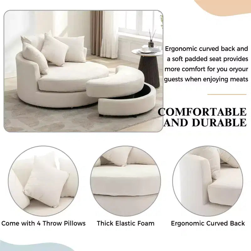 CLIHOME Poltrona girevole a barilotto 360 con pouf portaoggetti e 4 cuscini, poltrona accent moderna in ciniglia rotonda