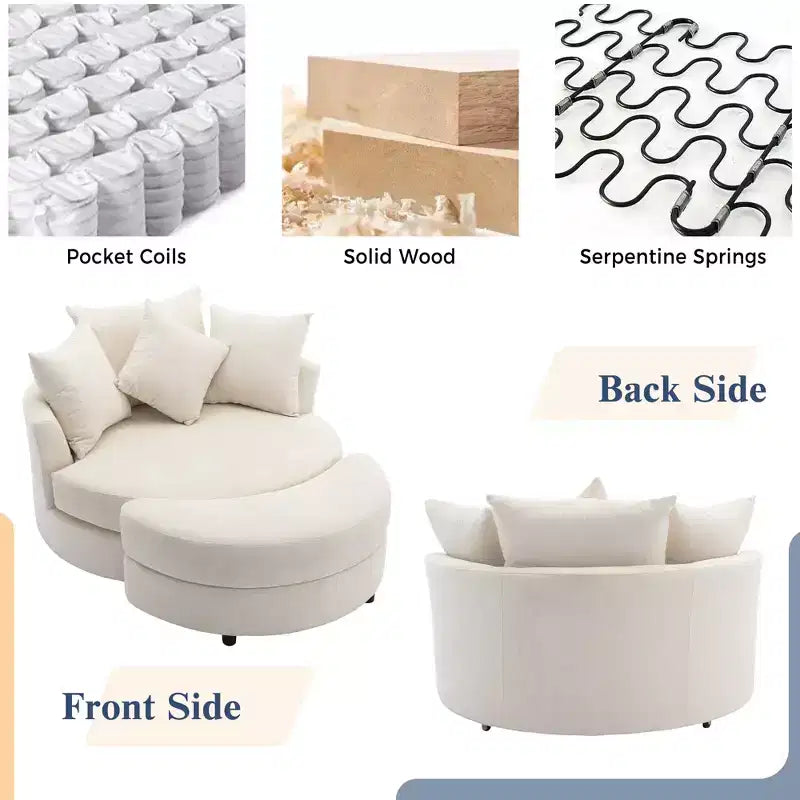 CLIHOME Poltrona girevole a barilotto 360 con pouf portaoggetti e 4 cuscini, poltrona accent moderna in ciniglia rotonda