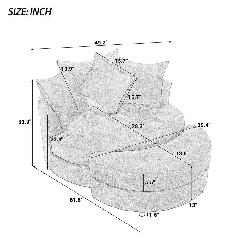 CLIHOME Poltrona girevole a barilotto 360 con pouf portaoggetti e 4 cuscini, poltrona accent moderna in ciniglia rotonda