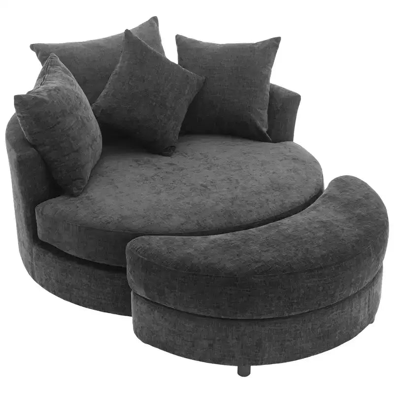CLIHOME Poltrona girevole a barilotto 360 con pouf portaoggetti e 4 cuscini, poltrona accent moderna in ciniglia rotonda