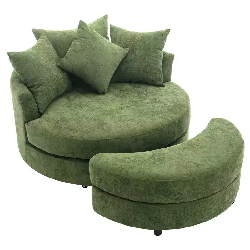 CLIHOME Poltrona girevole a barilotto 360 con pouf portaoggetti e 4 cuscini, poltrona accent moderna in ciniglia rotonda