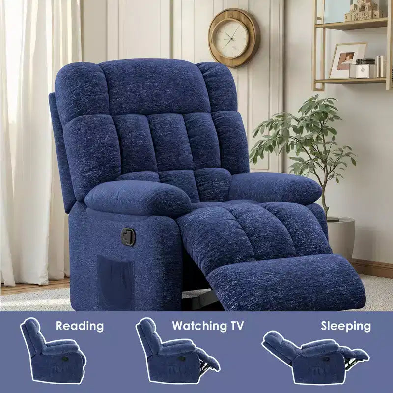 Poltrona Reclinabile Ergonomica 110-161x Reclinabile Poggiapiedi Regolabile Tasca Laterale per Soggiorno Blu Scuro