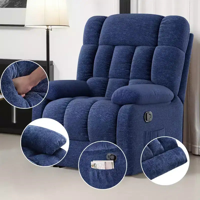 Poltrona Reclinabile Ergonomica 110-161x Reclinabile Poggiapiedi Regolabile Tasca Laterale per Soggiorno Blu Scuro