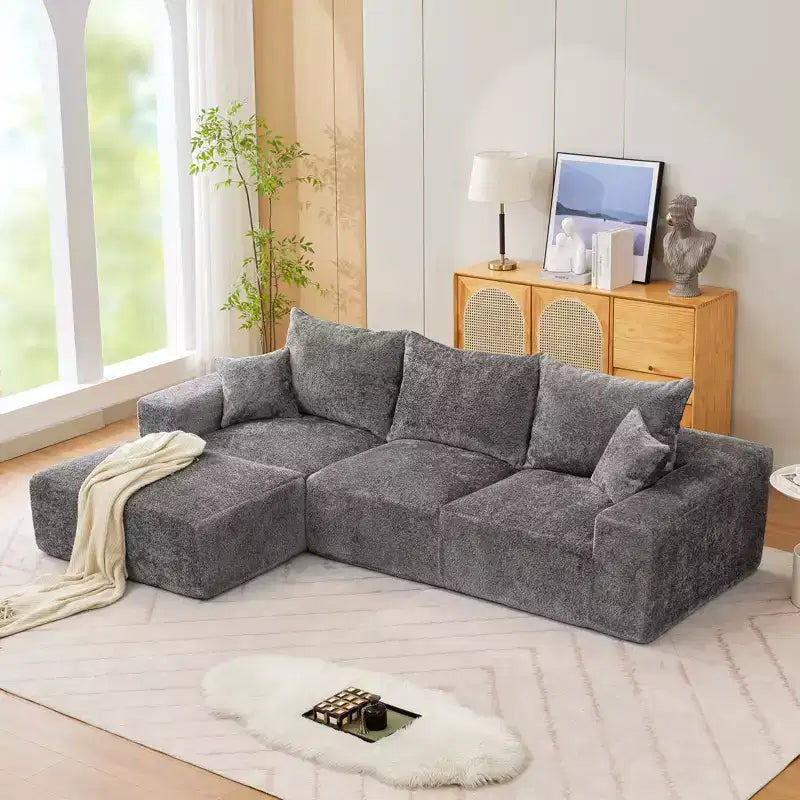Divano componibile a L da 279 cm con chaise longue, divano profondo in ciniglia, nessun assemblaggio richiesto