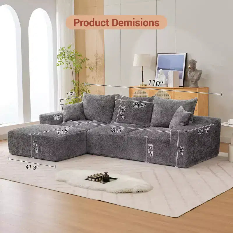 Divano componibile a L da 279 cm con chaise longue, divano profondo in ciniglia, nessun assemblaggio richiesto