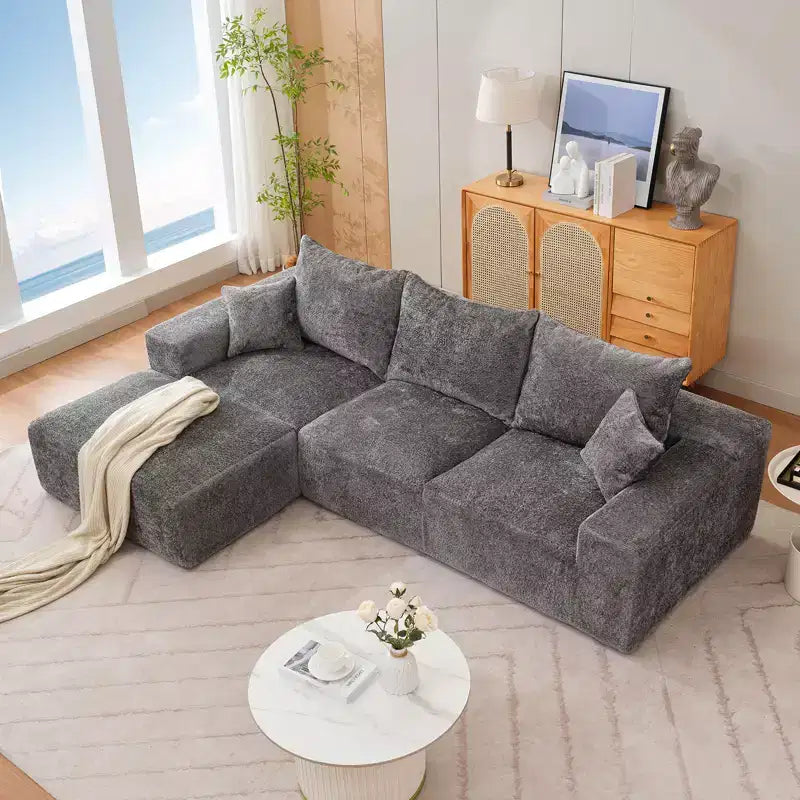 Divano componibile a L da 279 cm con chaise longue, divano profondo in ciniglia, nessun assemblaggio richiesto