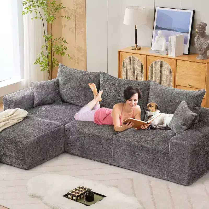Divano componibile a L da 279 cm con chaise longue, divano profondo in ciniglia, nessun assemblaggio richiesto