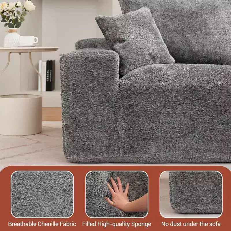 Divano componibile a L da 279 cm con chaise longue, divano profondo in ciniglia, nessun assemblaggio richiesto