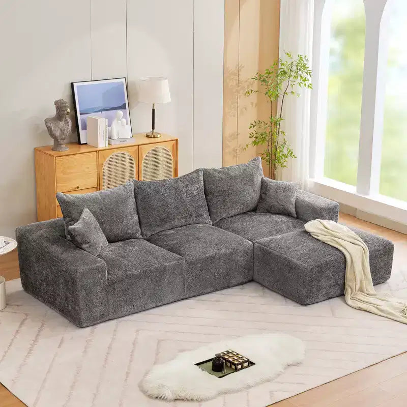 Divano componibile a L da 279 cm con chaise longue, divano profondo in ciniglia, nessun assemblaggio richiesto