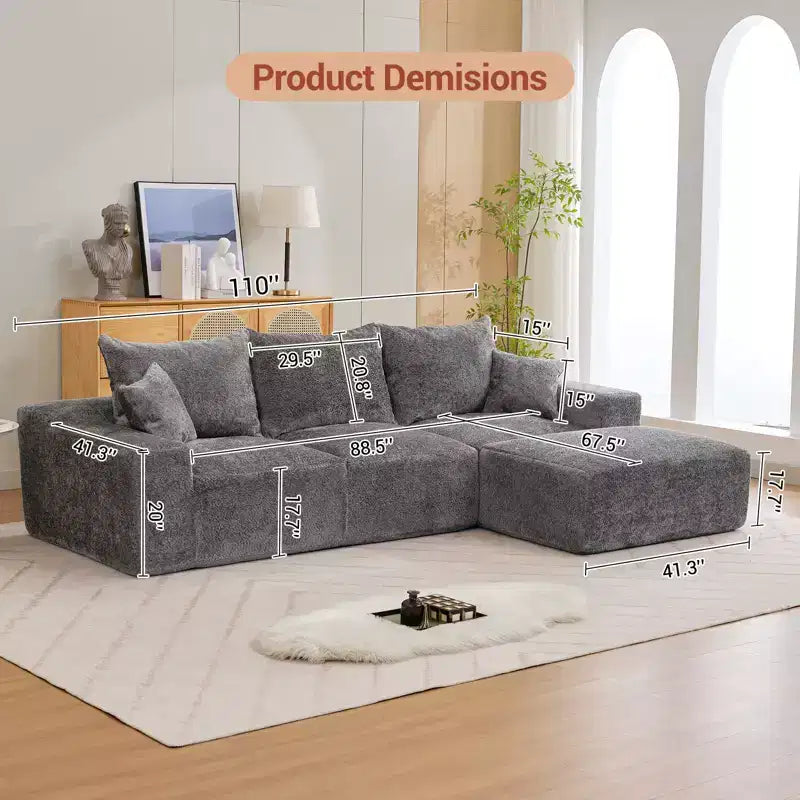 Divano componibile a L da 279 cm con chaise longue, divano profondo in ciniglia, nessun assemblaggio richiesto