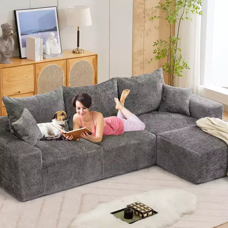 Divano componibile a L da 279 cm con chaise longue, divano profondo in ciniglia, nessun assemblaggio richiesto
