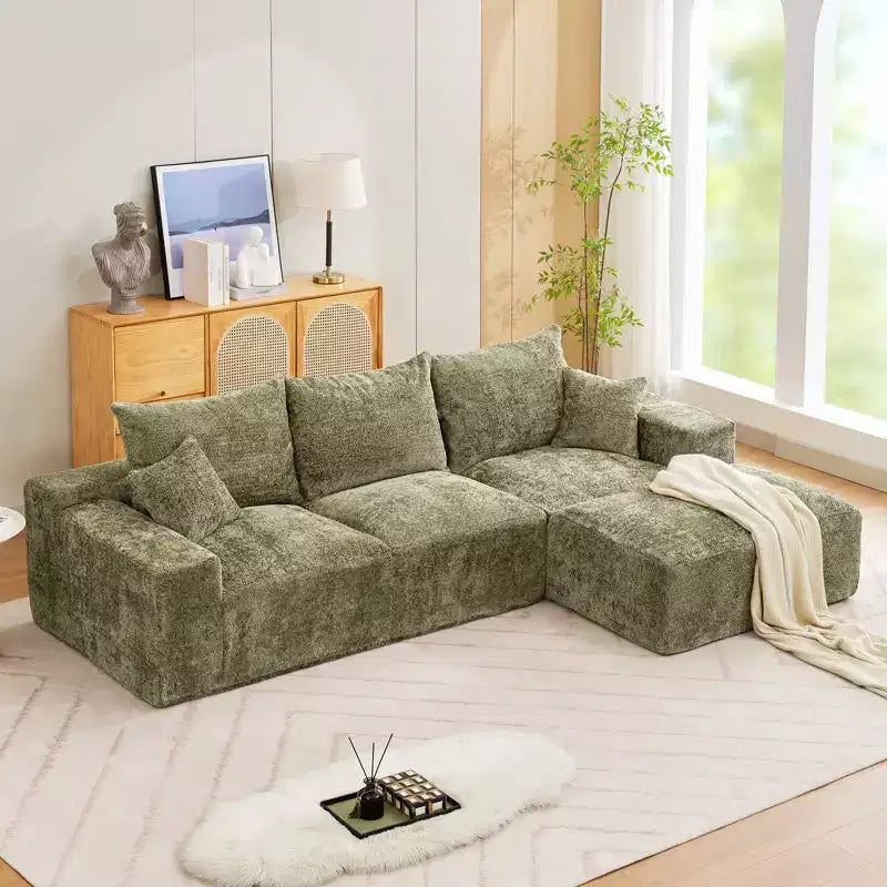 Divano componibile a L da 279 cm con chaise longue, divano profondo in ciniglia, nessun assemblaggio richiesto