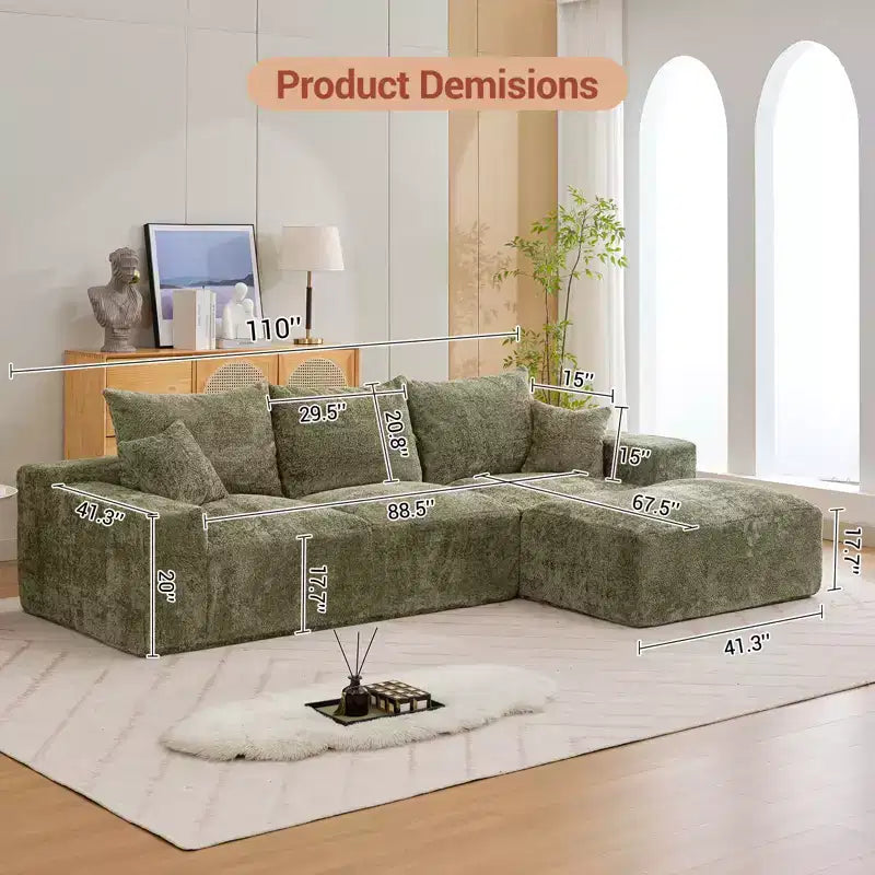 Divano componibile a L da 279 cm con chaise longue, divano profondo in ciniglia, nessun assemblaggio richiesto