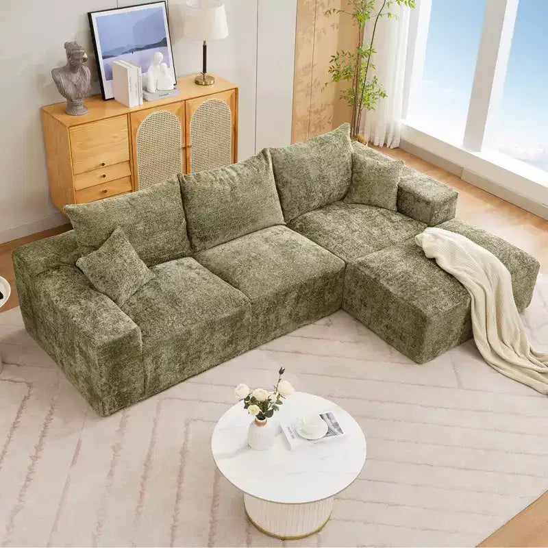 Divano componibile a L da 279 cm con chaise longue, divano profondo in ciniglia, nessun assemblaggio richiesto