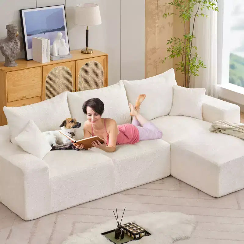 Divano componibile a L da 279 cm con chaise longue, divano profondo in ciniglia, nessun assemblaggio richiesto