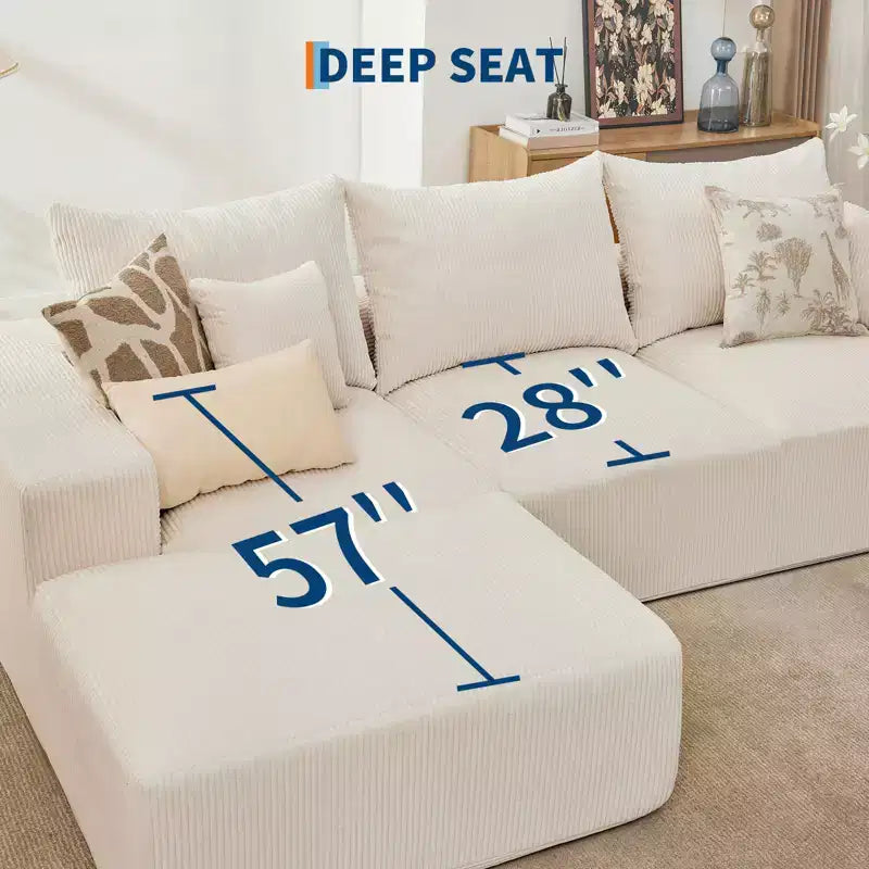 Divano componibile a L da 279 cm con chaise longue, divano profondo in ciniglia, nessun assemblaggio richiesto