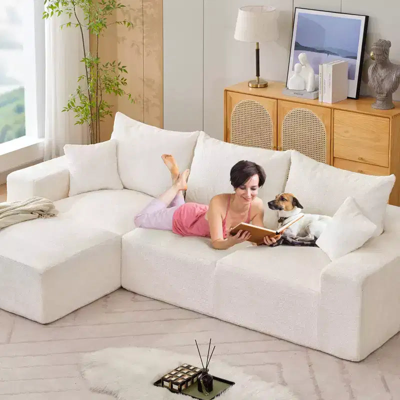 Divano componibile a L da 279 cm con chaise longue, divano profondo in ciniglia, nessun assemblaggio richiesto