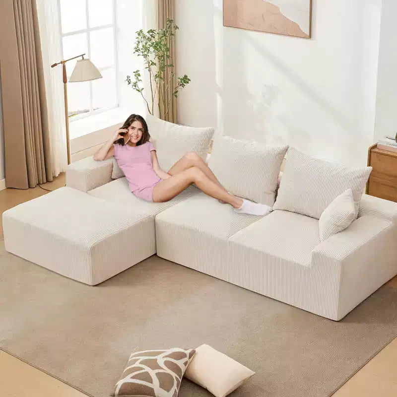 Divano componibile a L da 279 cm con chaise longue, divano profondo in ciniglia, nessun assemblaggio richiesto