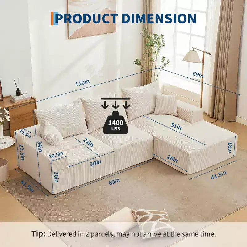 Divano componibile a L da 279 cm con chaise longue, divano profondo in ciniglia, nessun assemblaggio richiesto