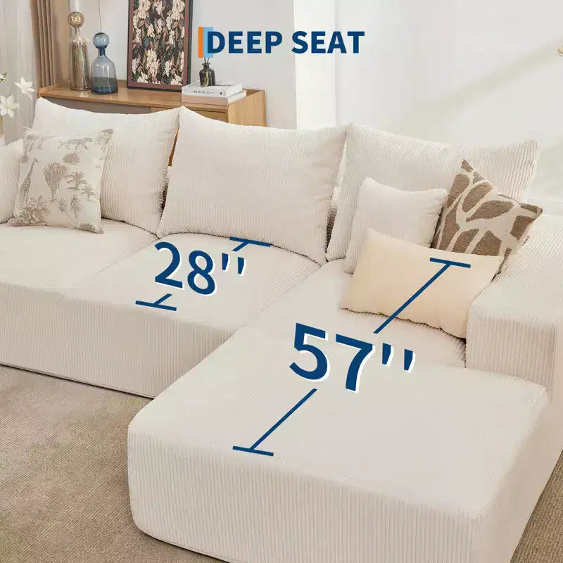 Divano componibile a L da 279 cm con chaise longue, divano profondo in ciniglia, nessun assemblaggio richiesto