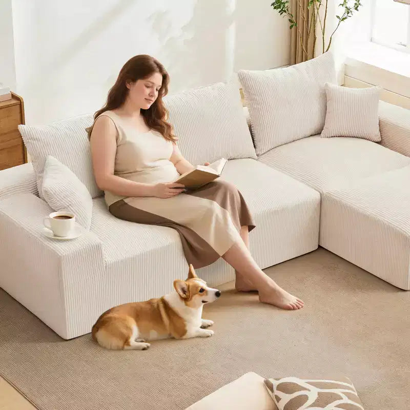 Divano componibile a L da 279 cm con chaise longue, divano profondo in ciniglia, nessun assemblaggio richiesto