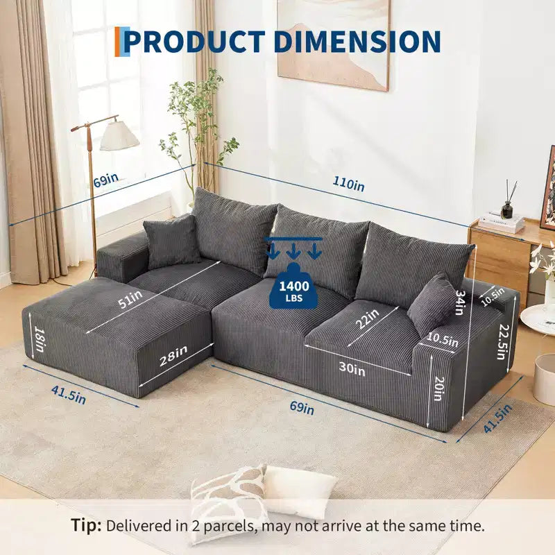 Divano componibile a L da 279 cm con chaise longue, divano profondo in ciniglia, nessun assemblaggio richiesto